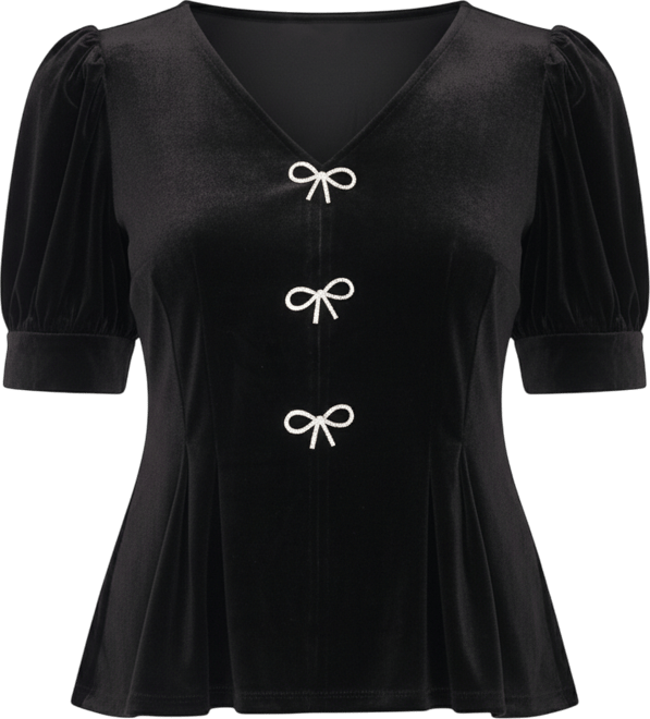 Women's Velvet Bow Short Sleeve V -Neck Top