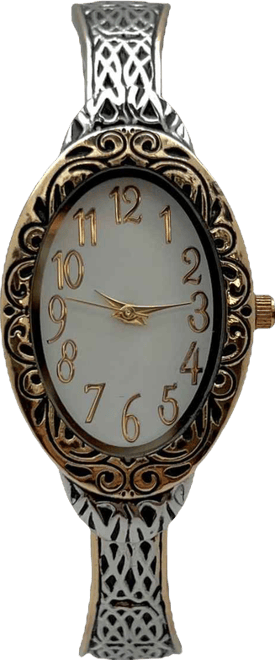 Two Tone Oval Face Elegant Textured Bangle Women Watch