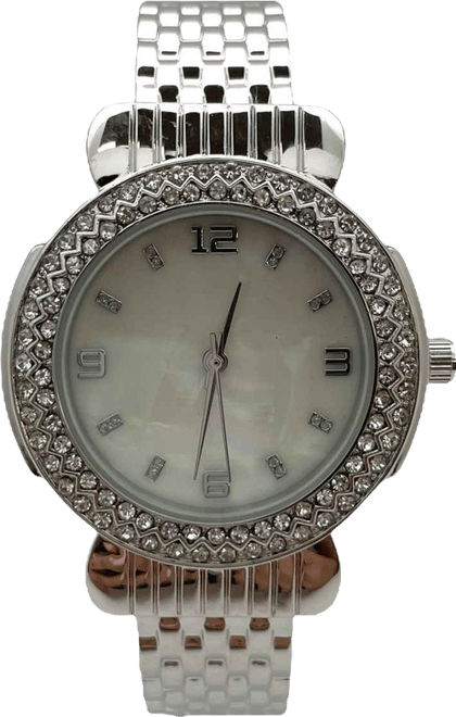 Silver Round Face Rhinestone Bezel Bangle Women Watch