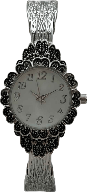 Silver Elegant Flower Detailed Face Bangle Women Watch