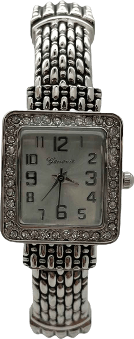 Elegant Detailed Band Square Face Bangle Women Watch, Silver
