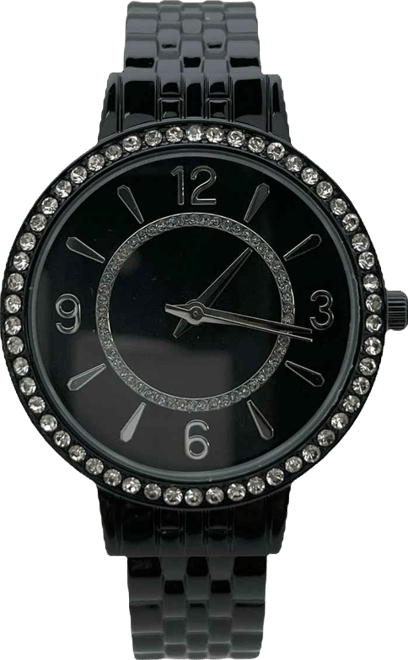 Black Round Face Rhinestone Bezel Textured Bangle Women Watch
