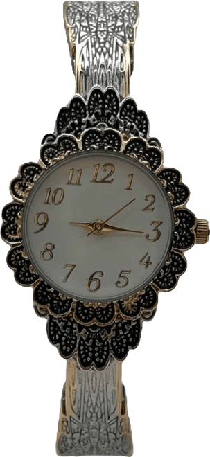 Two Tone Elegant Flower Detailed Face Bangle Women Watch
