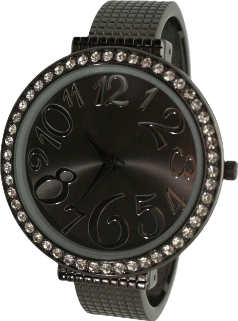 Gunmetal Big Round Face with Rhinestones Women Watch