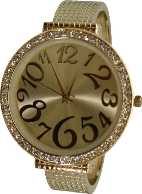 Gold Big Round Face with Rhinestones Women Watch