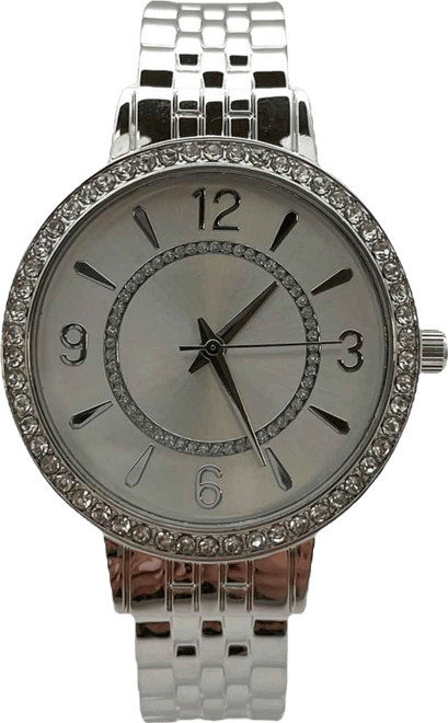 Silver Round Face Rhinestone Bezel Textured Bangle Women Watch