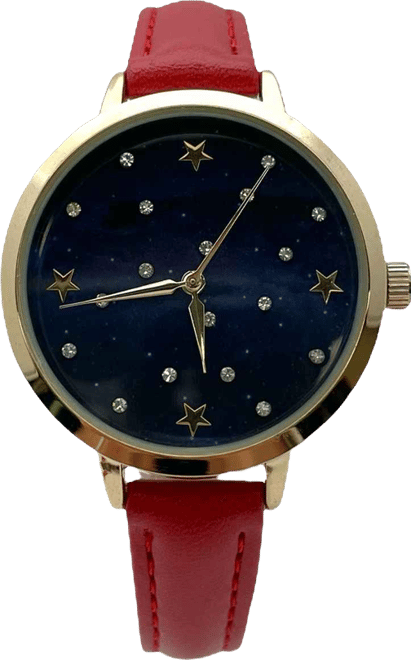 Stars and Rhinestones Faux Leather Women Watch, Burgundy