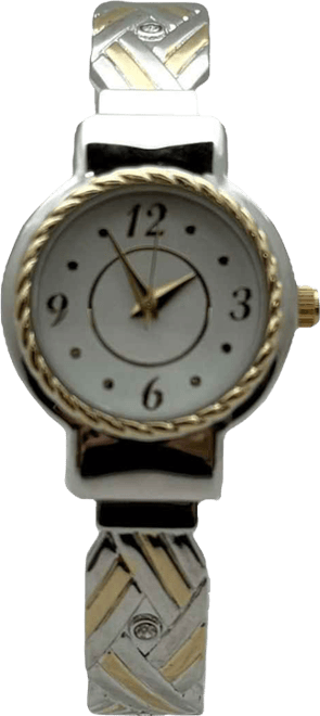 Detailed Bright Metallic Elegant Cuff Women Watch, Two Tone