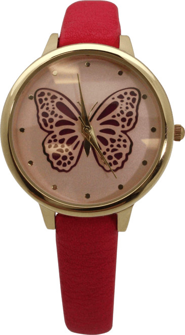 Hot Pink Thin Faux Leather Butterfly Face Women Watch
