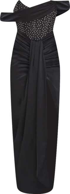 Women's Stella Black Off Shoulder Crystal Corset Satin Gown