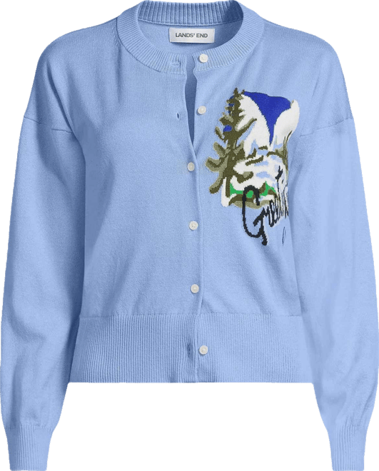 Women's Cropped Placed Jacquard Fine Gauge Crew Neck Cardigan Sweater