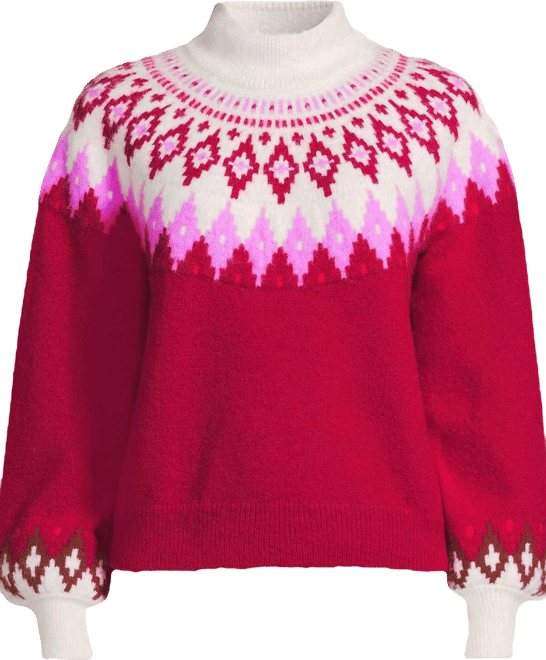 Women's Fuzzy Turtleneck Lantern Sleeve Jacquard Sweater