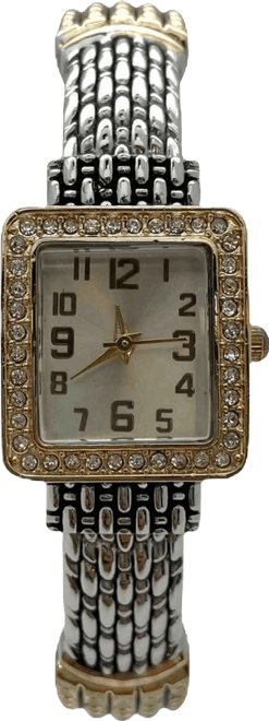 Elegant Detailed Band Square Face Bangle Women Watch, Two Tone