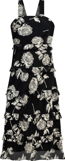 Women's Square-Neck Tiered Foil Midi Dress