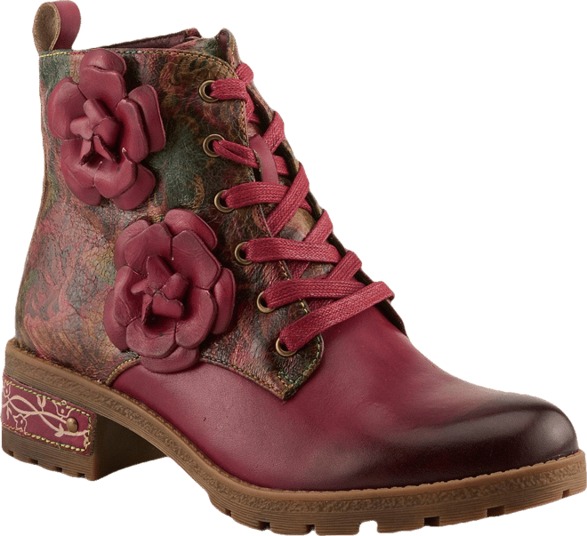 Women's Martinela Floral Applique Leather Boot with Rainbow Stitching and Lace-Up Detail