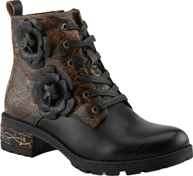 Women's Martinela Floral Applique Leather Boot with Rainbow Stitching and Lace-Up Detail