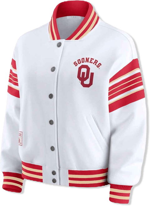 Women's White/Crimson Oklahoma Sooners Satin Stitch Full-Snap Fleece Sweatshirt Jacket