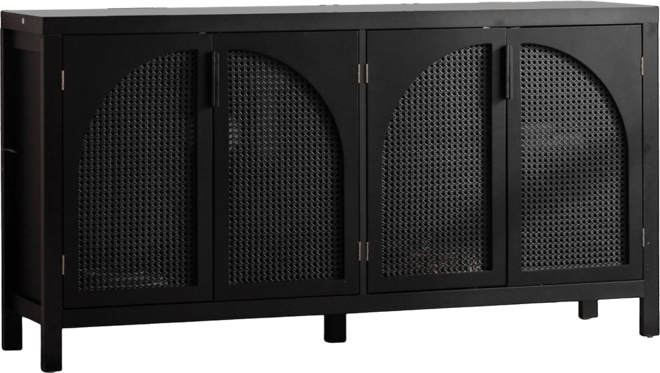 58" Mid-Century Mdf & Rattan Magnetic Doors, Adjustable Shelves, Metal Handles Rattan Sideboard Buffet Cabinet