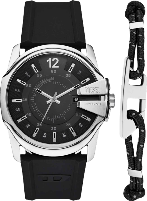 Men's Master Chief Quartz Three-Hand Date Black Silicone Watch Gift Set, 43mm