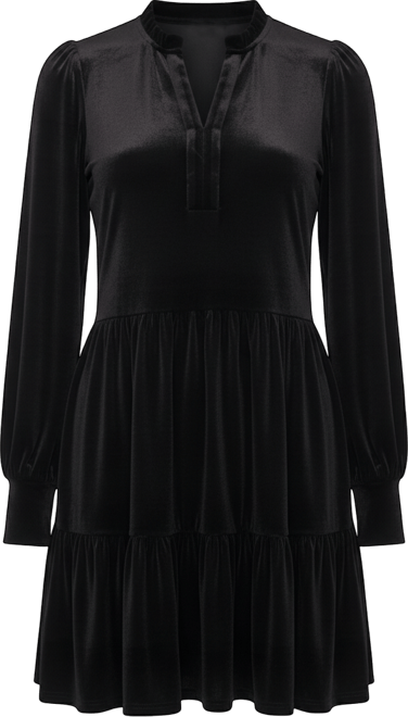 Women's Split-Neck Blouson-Sleeve Tiered Velvet Shift Dress