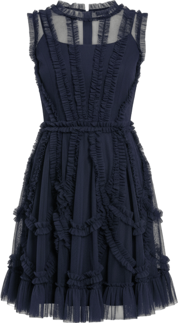 Women's Mesh Micro Ruffle High Neck Mini Dress