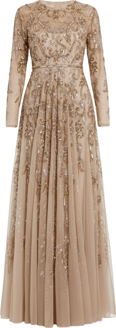 Women's Long Sleeve Hand-Embellished Illusion Neckline Evening Gown