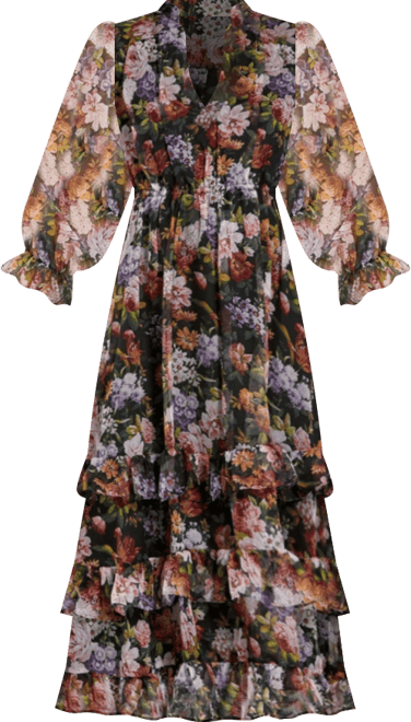 Women's Chiffon 3/4 Sleeve A Line Midi Dress With Ruffles