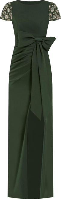 Women's Beaded Cap Sleeve Crepe Gown With Bow and Slit