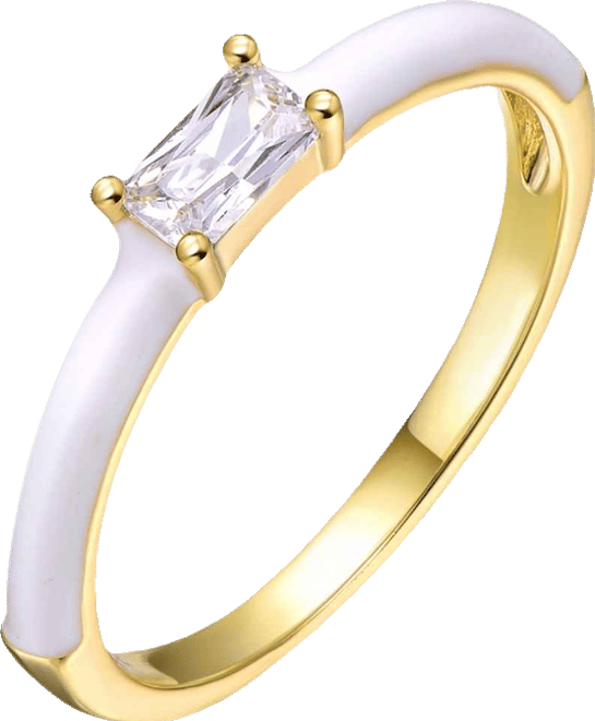 Ra Young Adults/Teens 14k Yellow Gold Plated with Baguette Cubic Zirconia Solitaire White Enamel Slim Stacking Ring