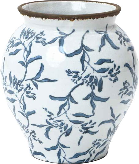 Handmade Blue Floral Wide-Mouth Waterproof Ceramic Vase, 9.25" Round Indoor Home Decor
