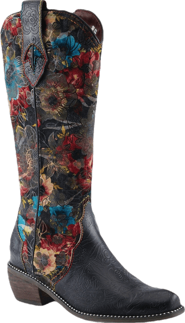 L Artiste Women s Rodeoqueen-viv Western Tall Boots with Embossed Leather, Floral Velvet Shaft, and Stacked Heel