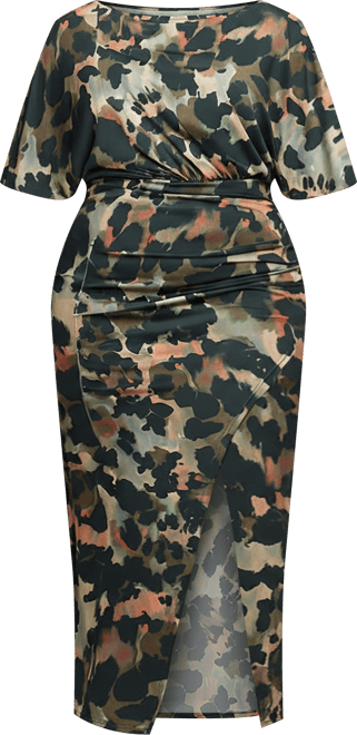 Plus Size Green Abstract Print Batwing Sleeve Maxi Dress