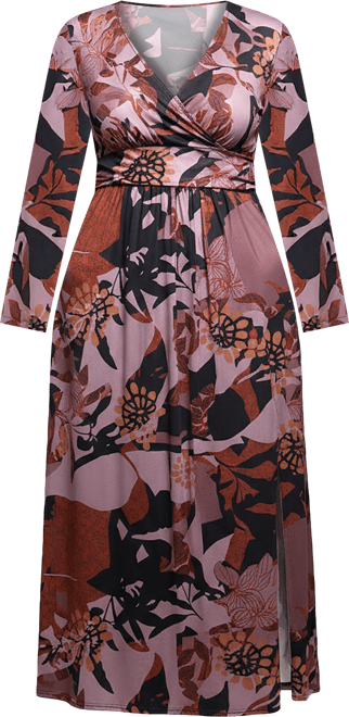 Plus Size Gray Floral Print Long Sleeve Wrap Maxi Dress
