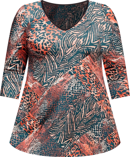 Plus Size Animal Print V Neck Three Quarter Sleeve Tunic Top
