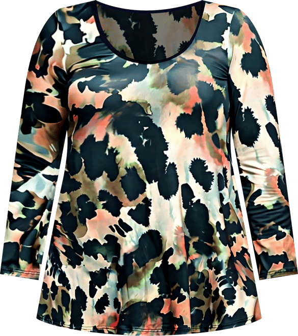 Plus Size Multiprint Long Sleeve Scoop Neck A Line Top