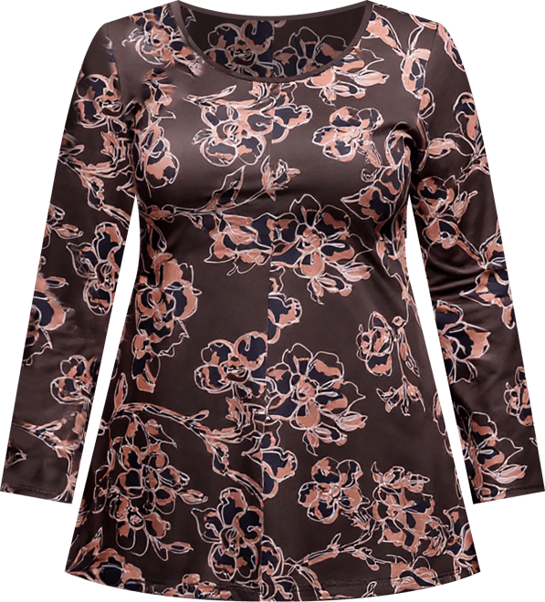 Plus Size Brown Floral Print Long Sleeve Tunic Top