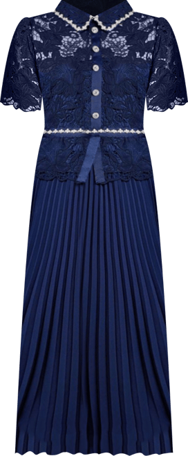 Women's Lace Top Pleat Skirt Jewel Button Dress.