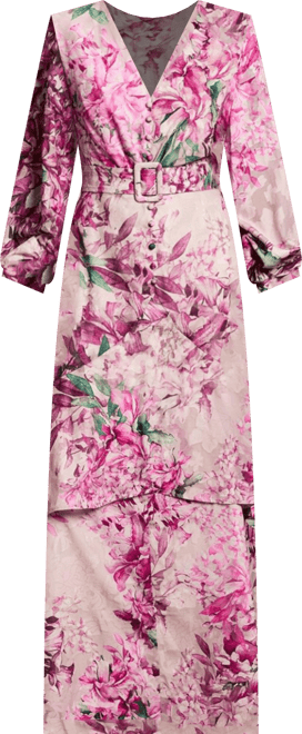 Women's Floral Print Chiffon Belted Midaxi Dress