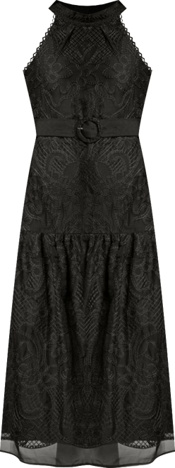 Women's Lace Organza Belted Halter Midi Dress