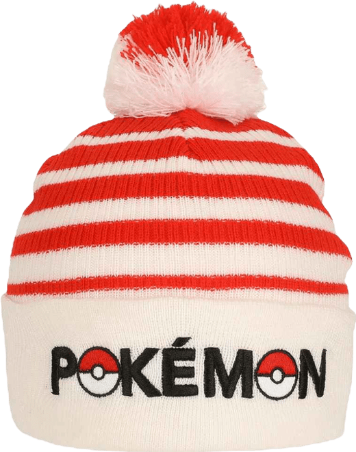 Men's Pokeball Plush Pom, Red And White Stripes Cuff Beanie