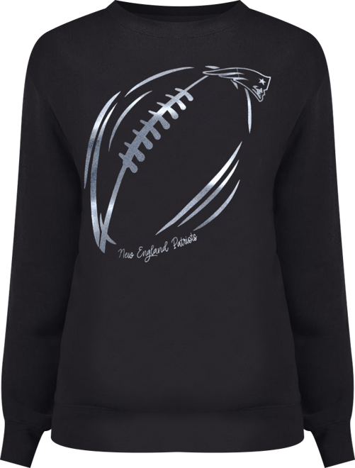 Women's Black New England Patriots Metallic Print Football Sketch Fleece Crewneck Sweatshirt