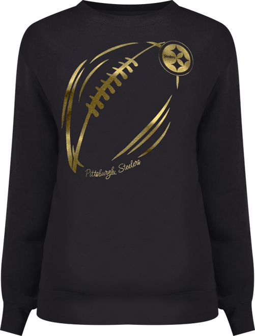Women's Black/Gold Pittsburgh Steelers Metallic Print Football Sketch Fleece Crewneck Sweatshirt