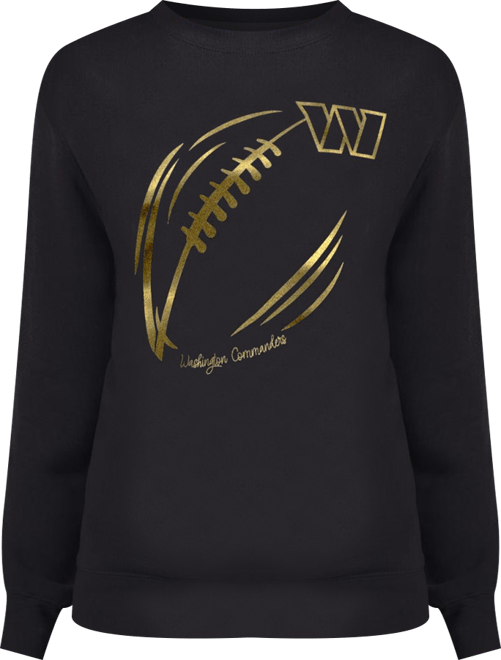 Women's Black/Gold Washington Commanders Metallic Print Football Sketch Fleece Crewneck Sweatshirt