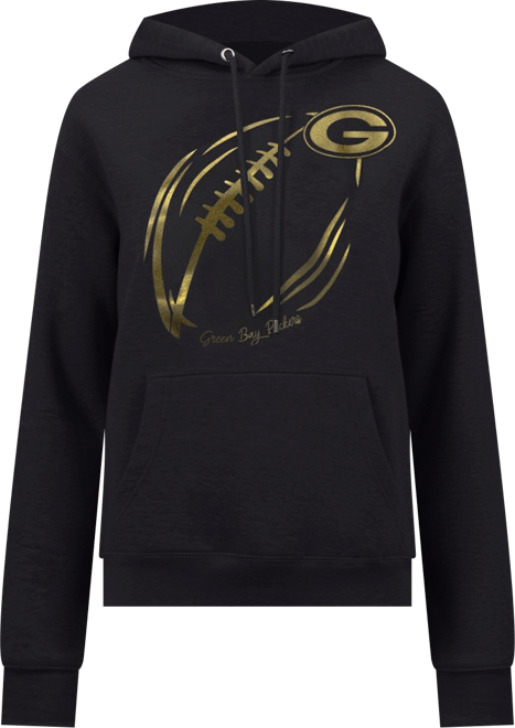Women's Black/Gold Green Bay Packers Metallic Print Football Sketch Fleece Pullover Hoodie