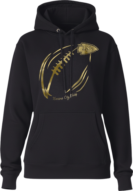 Women's Black/Gold Kansas City Chiefs Metallic Print Football Sketch Fleece Pullover Hoodie