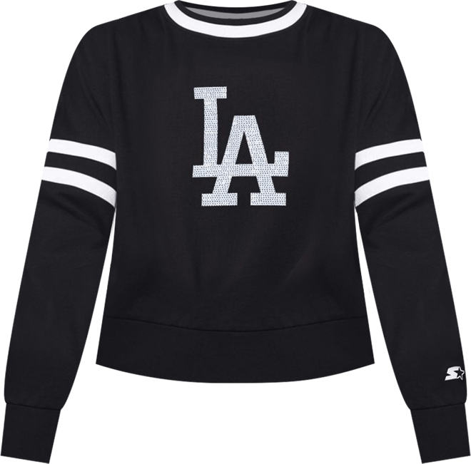 Women's Black/Cream Los Angeles Dodgers Rally Cropped Drop Shoulder Crewneck Sweatshirt