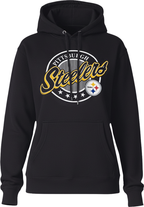 Women's Black Pittsburgh Steelers Pinstripe Circle Fleece Pullover Hoodie
