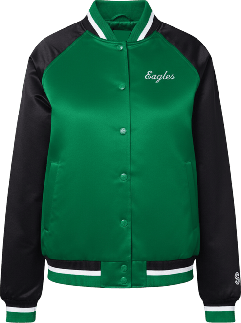 Women's Kelly Green/Black Philadelphia Eagles Satin Full-Snap Vintage Varsity Jacket