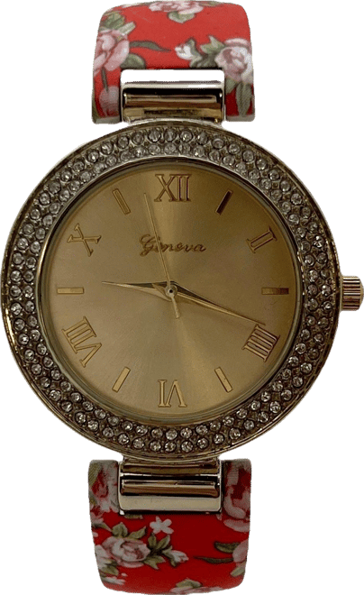 Red Floral Printed Soft Band Bangle Women Watch