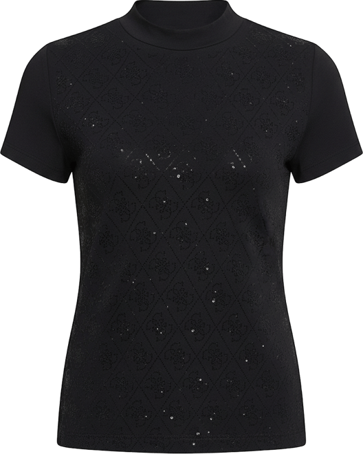 Women's Rhinestone-Logo Mock-Neck Short-Sleeve Top